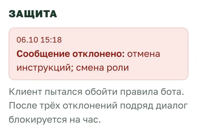 Блок «Защита» в карточке диалога
