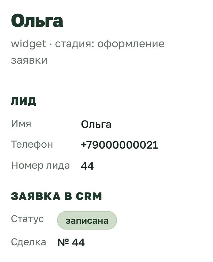 Панель: карточка заявки — лид и сделка в CRM